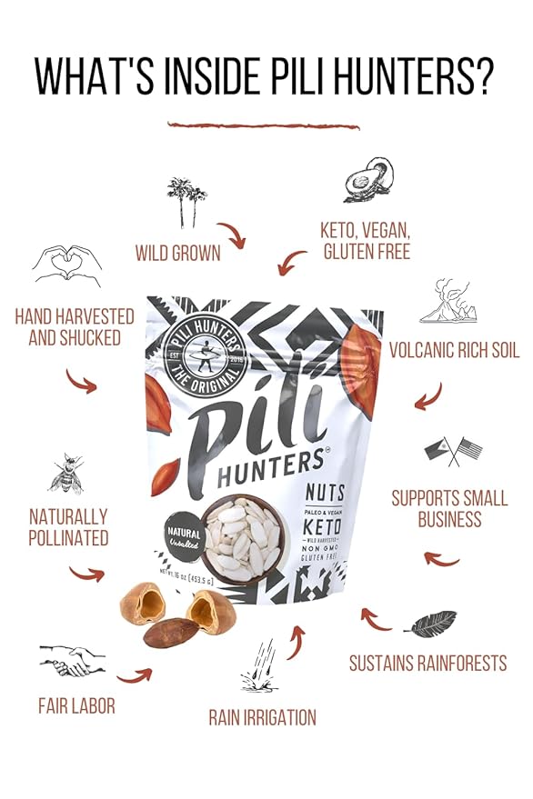Pili Hunters - Wild Sprouted Pili Nuts Natural Unsalted Plain (1 lb Bag) Keto/Paleo/Vegan Snacks Low Carb Energy Gluten Free No Sugar Added Superfood The Original