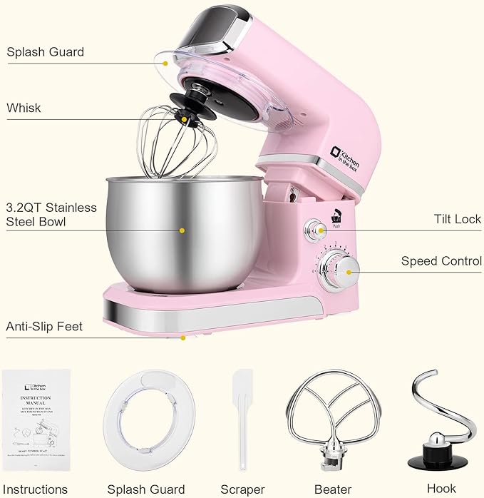 Kitchen in the box Stand Mixer3.2Qt Small Electric Food Mixer6 Speeds Portable Lightweight Kitchen Mixer for Daily Use with Egg WhiskDough HookFlat Beater (Pink)