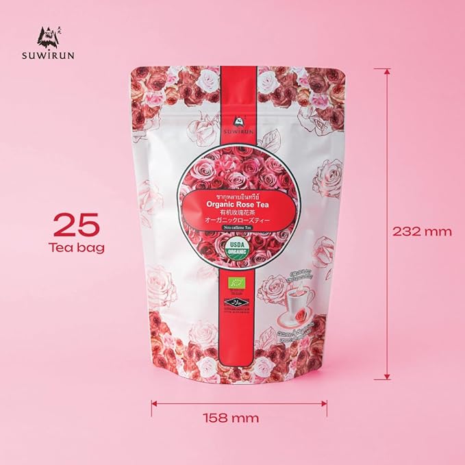 Suwirun Organic Rose Tea 25 Bags – 100% Pure Rose Petals – Delicate Floral Aroma Naturally Caffeine-Free – Relaxing Herbal Tea Enjoy Hot or Cold