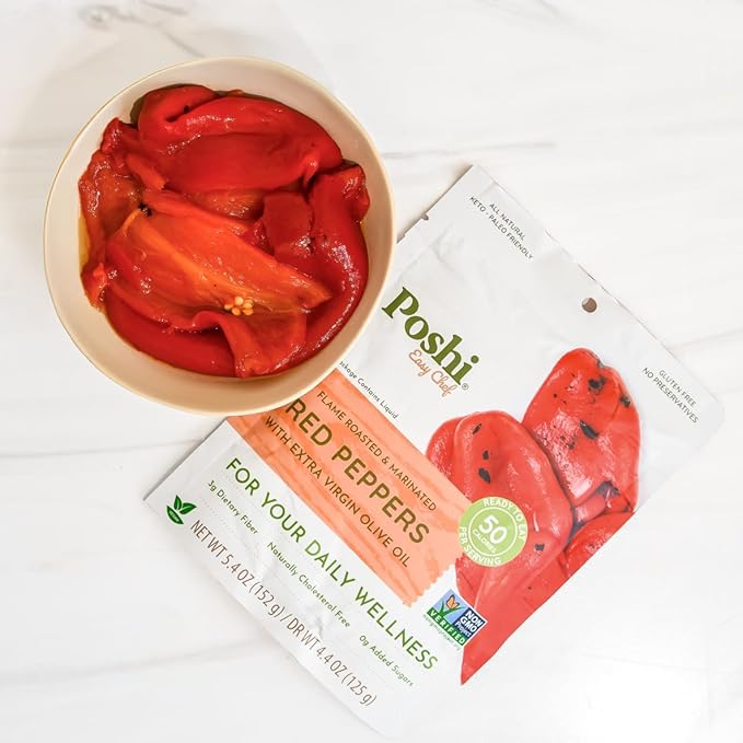 POSHI Flame Roasted Red Peppers in Extra Virgin Olive Oil Natural Keto Vegan Non GMO Low Carb + Calorie Gluten Free Ready to Eat Fully Cooked Vegetables Pentry Food Gourmet 6 Pack 5.4 oz