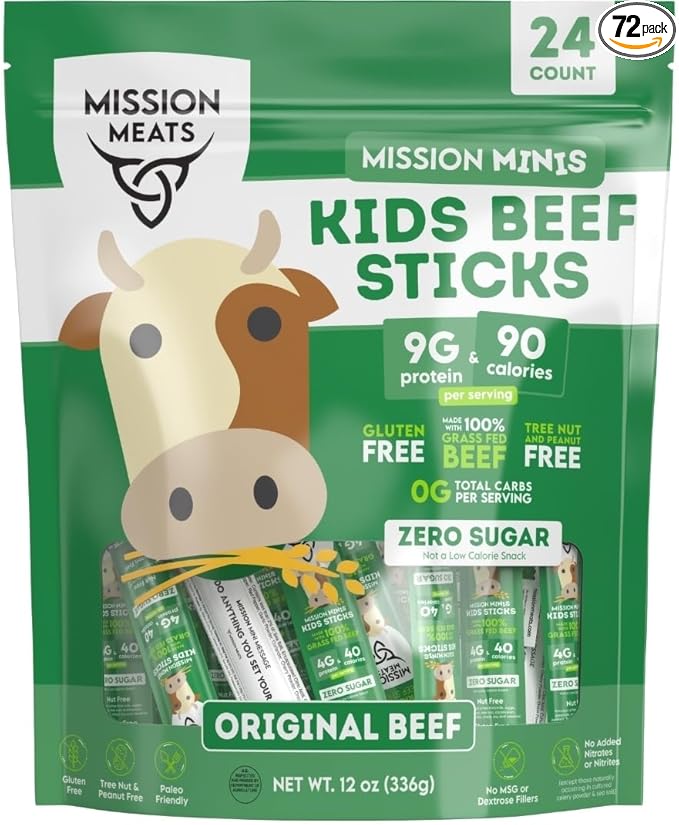 Mission Meats Kids Beef Sticks 100% Grass Fed Healthy Snacks for Kids Zero Sugar 9g Protein per Serving Gluten &amp Nut Free Individually Wrapped Mini 0.5oz (72ct Bag)