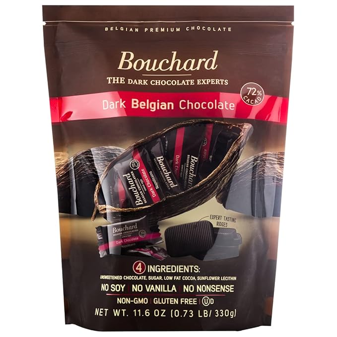 Bouchard Dark Belgian Chocolate (72% Cacao) | Individually Wrapped in Resealable Bag | No Soy No Vanilla No Nonsense | Non-GMO Gluten Free OU-D Kosher