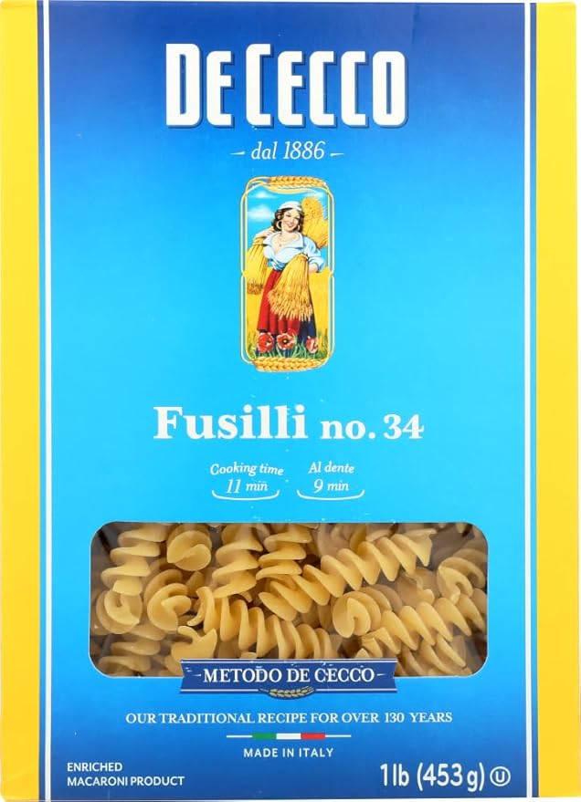 De Cecco Enriched Macaroni Fusilli Pasta 16 Ounce -- 20 per case.