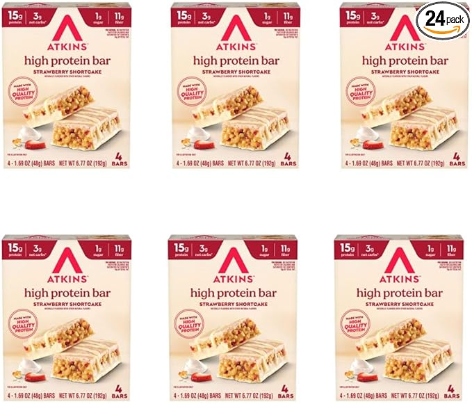 Atkins Strawberry Shortcake Flavor High Protein Bar 15g Protein 1g Sugar 3g Net Carb High Fiber Snacks Keto Friendly Protein Bars 4 Count (Pack of 6)