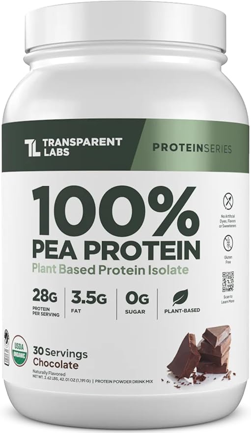 Transparent Labs 100% Pea Protein Powder - 28g Organic Plant Protein per Serving Clean Pea Isolate Powder USDA Organic Vegan Gluten-Free Sugar-Free Non-GMO - 30 Servings Chocolate
