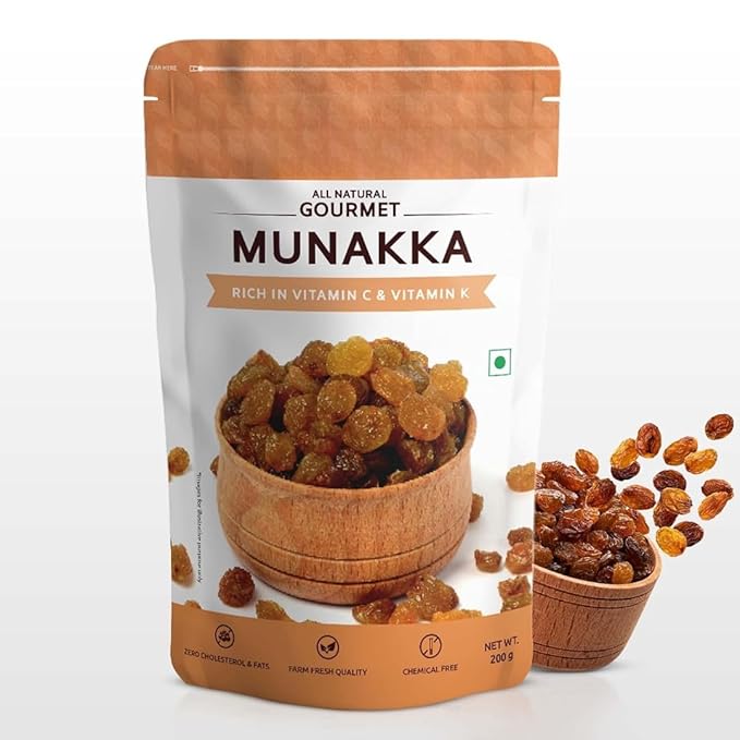Premium Munakka Raisins - Healthy Dried Fruits 100% Natural &amp Gluten-Free | Rich in Fiber Iron Calcium &amp Boosts Immunity | Delicious &amp Healthy Snacks -200 gm