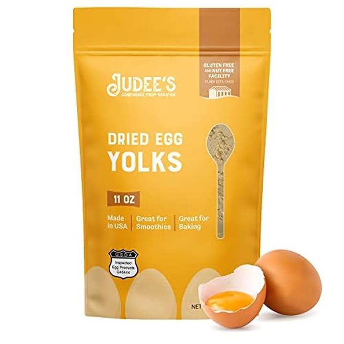 Judee's Gluten Free Dried Egg Yolk Powder - Egg Substitute for Baking &amp Cooking - Protein Powder for Smoothies &amp Sauces - Gluten Free &amp Non-GMO Staple - 11 Oz
