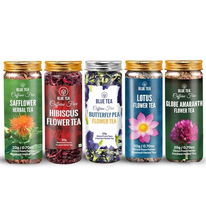 BLUE TEA - Flower Tea Combo - 4.93 Oz (Pack of 5) | Safflower Hibiscus Butterfly Pea Lotus Globe Amaranth | VARIETY PACK | Caffeine Free - Non-Bitter - Herbal Tea - Flower Based - Vegan | Pet Jar