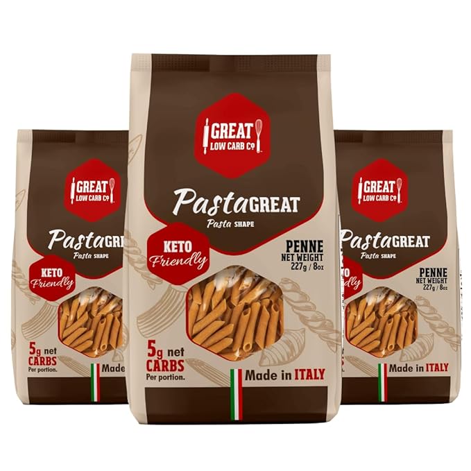 Great Low Carb Co. Keto-Friendly Italian Pasta Set 0-5g Net Carbs High Protein High Fiber Low Carb Low Calories Made in Italy (3 Pack Penne 8oz bag)