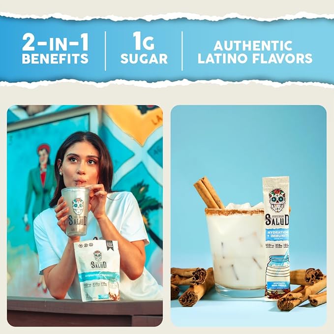 Salud 2-in-1 Hydration Packets + Immunity Electrolytes Powder Horchata - Agua Fresca Drink Mix Elderberry Dairy &amp Soy Free Non-GMO Gluten Free Vegan Low Calorie 1g Sugar (15 Servings)