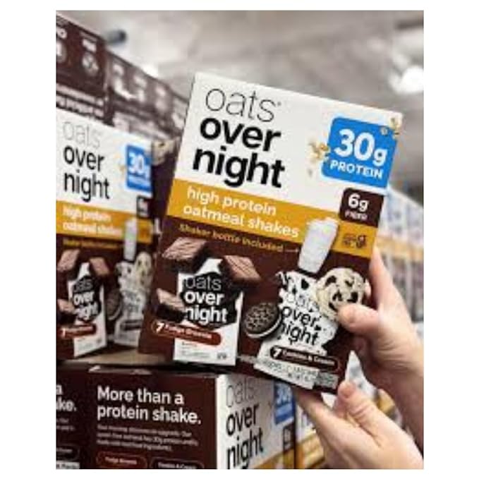 Oats Overnight Variety Pack 30g Protein Oatmeal Shake Cookies &amp Cream &amp Fudge Brownie High Protein Breakfast Drink Mix Just Add Milk 14 Pack + Shaker Bottle Included