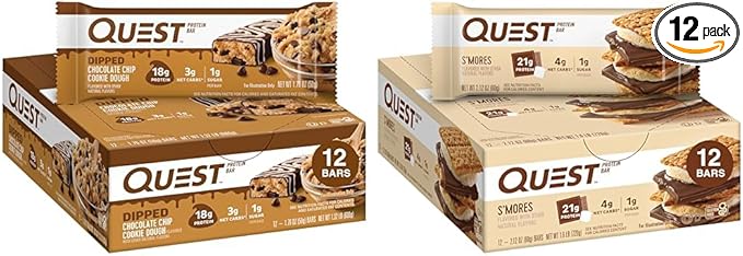 Quest Protein Bars Bundle with Chocolate Chip Cookie Dough and S'mores Flavors 12 Count Each