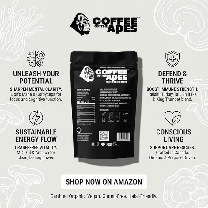 Coffee Of The Apes - Instant Mushroom Coffee: Real Arabica 6 Super Functional Mushrooms High Potency Adaptogens. Healthy Drink &amp Superfood Beverage