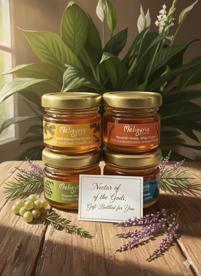 Meligyris Greek Honey Gift Set 4 Varieties Pack with Mountain Honey Pine Thyme Forest Honey Heath Organic Honey