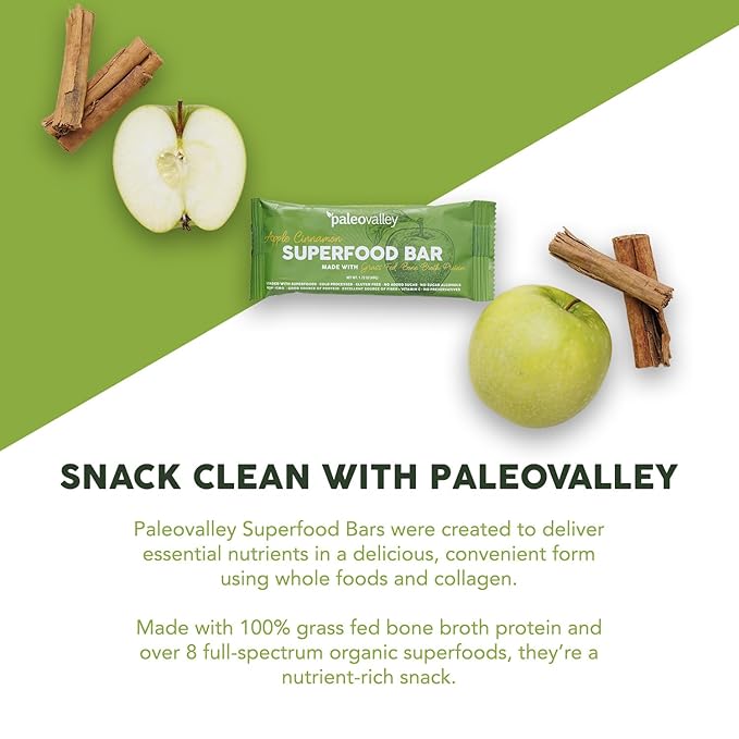 Paleovalley Superfood Bars – Apple Cinnamon– 10 Pack – 9g Protein per Bar – Gluten-Free Grain-Free Paleo Non-GMO – On-the-Go Snack