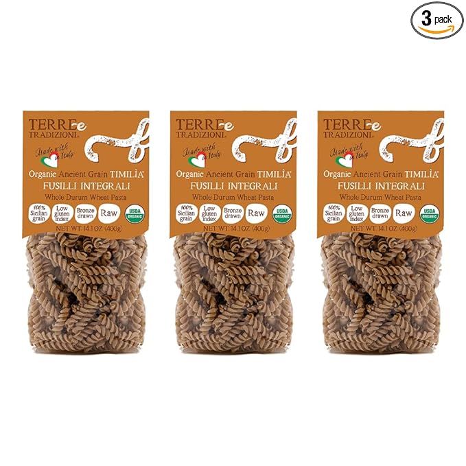 3 PACKS ORGANIC ITALIAN WHOLE DURUM WHEAT FUSILLI PASTA – Sicilian Ancient Grain Timilia Vegan Pasta Crafted in Italy. LOW-GLUTEN INDEX. Has 6X More Fiber and Protein than Popular Grains. Al dente tex