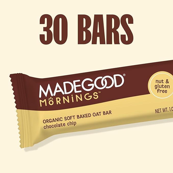 MadeGood Mornings Soft Baked Breakfast Bars Chocolate Chip 1.06 Oz (30 Count) Gluten Free Snacks