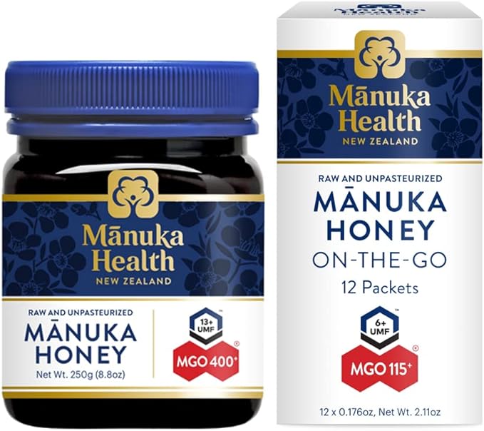 Manuka Health Bundle UMF 13+/ MGO 400+ Manuka Honey (8.8oz Jar) and UMF 6+/MGO 115+ On-The-Go Packets (12 Count) Superfood Authentic Raw Honey from New Zealand