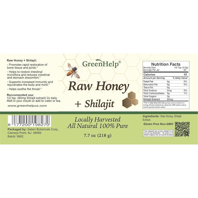 Green Help Raw Honey with Shilajit – 100% Natural Honey Infused with Shilajit – Supports Energy Vitality &amp Overall Wellness – Rich in Antioxidants &amp Nutrients – No Artificial Additives – Made