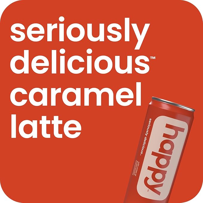 happy coffee canned caramel latte 11 oz. cans 12 pack notes of marshmallow &amp comfort 100% arabica beans no artificial flavors or sweeteners