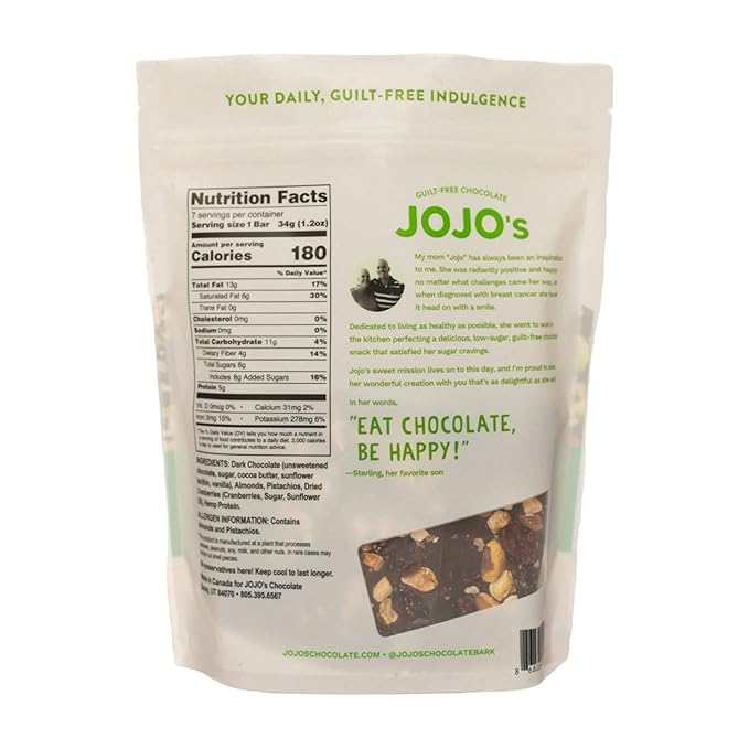 JoJo's Guilt-Free Chocolate with Almonds 70% Dark Chocolate Pistachios Dried Cranberries 1LB (Pack of 2) 16 Ounces