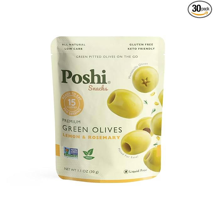 Poshi Green Pitted Olives | Lemon &amp Rosemary | Vegan Kosher Gluten Free + Keto Friendly Fresh All Natural Low Calorie Healthy Snacks | (30 Pack 1.1oz Bags)