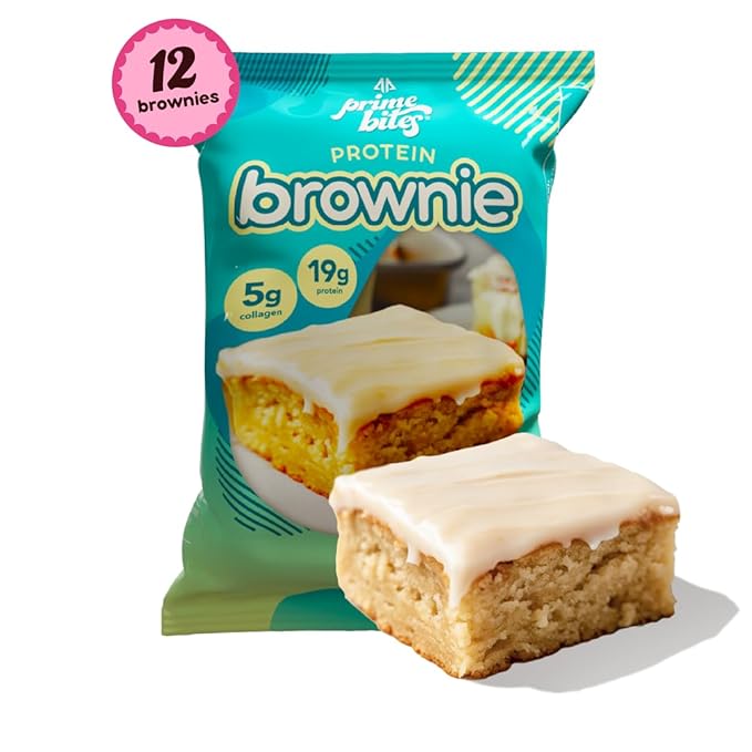 Prime Bites High Protein Brownie (12 Per Box Glazed Cinnamon Roll) - 19g of Protein 5g of Collagen Gluten Free Low Sugar Treat Delicious Protein Snack