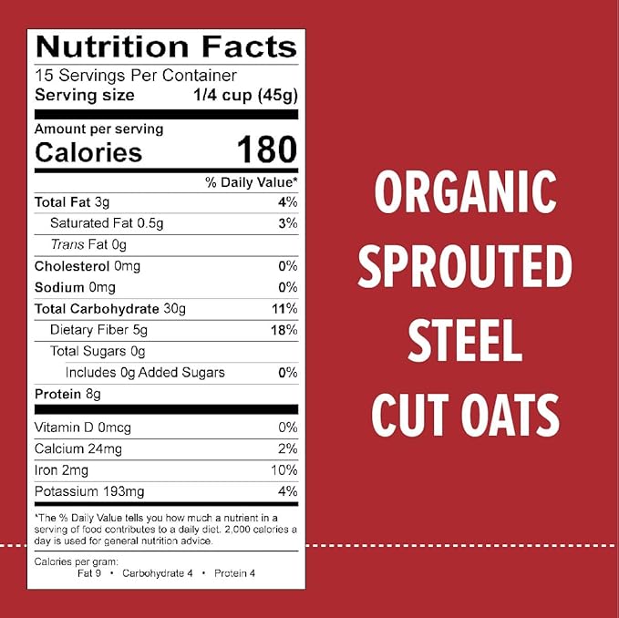 One Degree Organic Foods Sprouted Steel Cut Oats USDA Organic Non-GMO Gluten Free Oatmeal 24 oz. 8 Pack