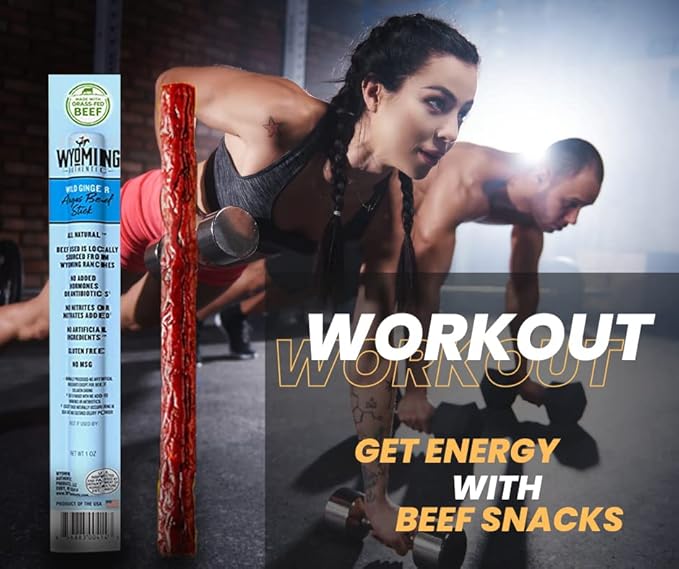 Wyoming All Natural Grass Fed Beef Sticks - Wild Ginger Flavor - Pack of 12 - Nitrate Free Jerky Meat Sticks - No Artificial Ingredients - Clean Tasty Meat Snacks - Angus Beef Sticks Individually Wrap