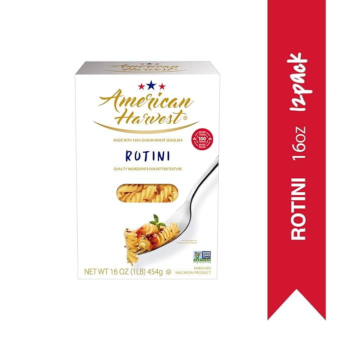AMERICAN HARVEST Rotini Pasta Enriched Durum Wheat 16 oz (12 Pack) | Made in America Non-GMO Fast-Cook Pantry Staple | 100 Years of Pasta-Making Expertise