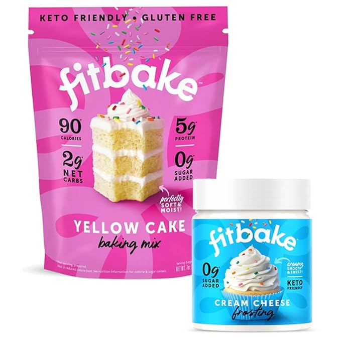 FitBake Yellow Cake Baking Mix and Cream Cheese Frosting Bundle | 0g to 2g Net Carbs Per Serving | Keto Friendly Low Carb Food | Gluten Free Desserts | No Added Sugar