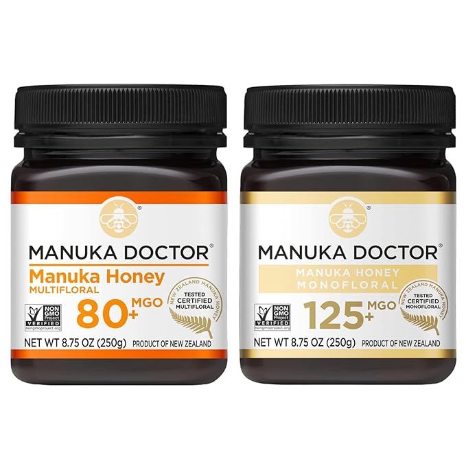 MANUKA DOCTOR - Manuka Honey MGO 80+ Multifloral &amp MGO 125+ Monofloral Value Bundle 100% Pure New Zealand Honey. Certified. Guaranteed. RAW. Non-GMO 2 x 8.75oz Pots