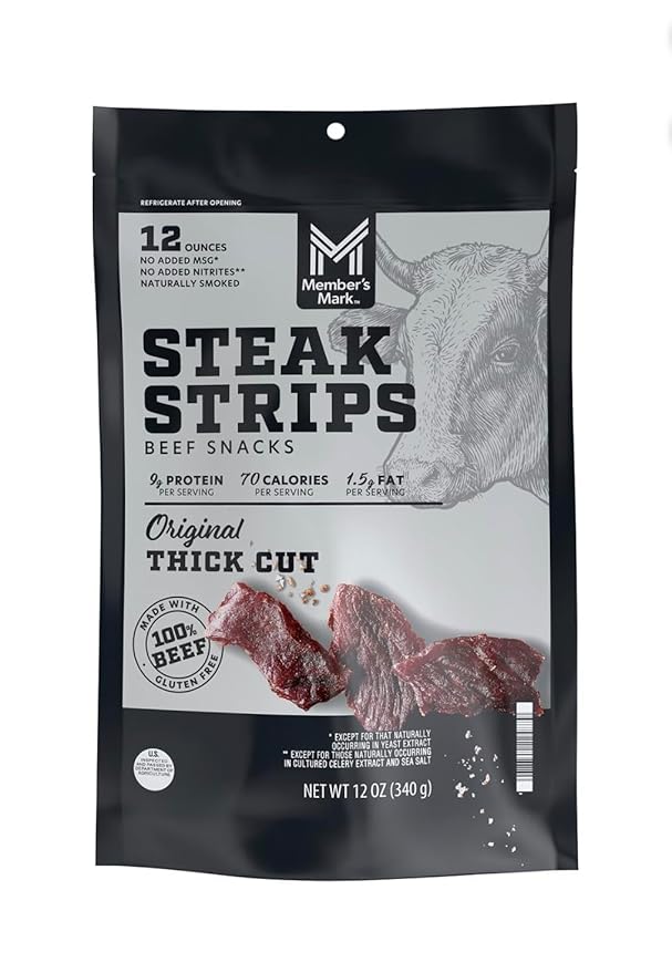 Members Mark Beef Steak Strips – 12 oz Bag | Premium Tender Beef Jerky Strips Slow-Smoked &amp Seasoned for Bold Flavor – High-Protein Snack Low Fat Beef Snack for On-the-Go Energy