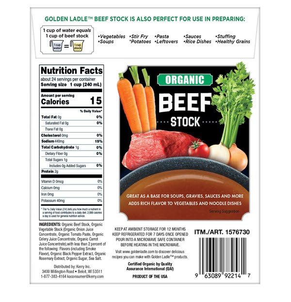 Golden Ladle Organic Beef Stock - 32 fl oz (Pack of 6) - USDA Certified Organic &amp Non GMO - Fat Free &amp Gluten Free - Professional Grade Cooking Base for Soups Stews and Sauces