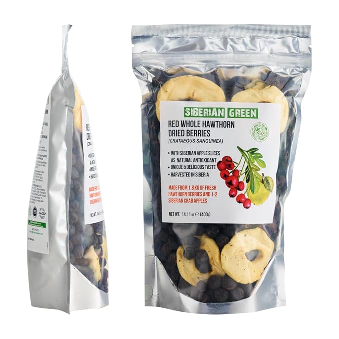 Siberian Green Whole Red Hawthorn Dried Berries 400g (14.11oz) Wild Harvested Crataegus Sanguinea from Altai with Apples slices as antioxidant