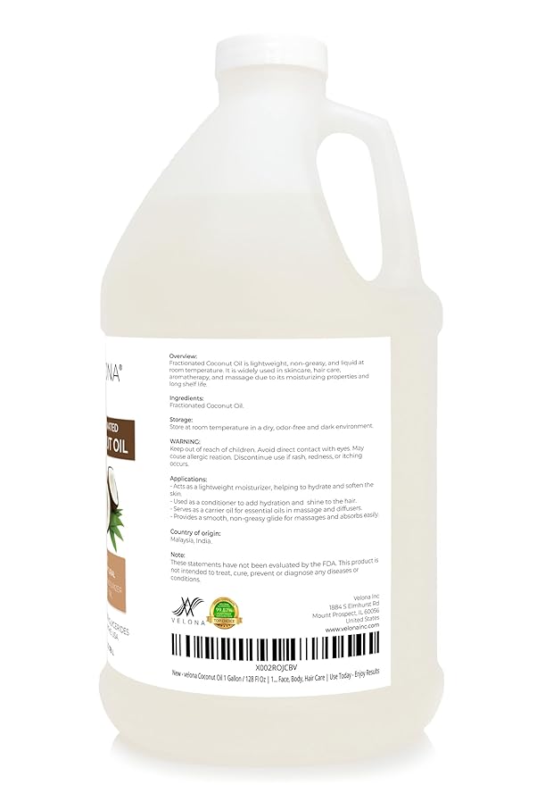 velona MCT Coconut Oil 1 Gallon / 128 Fl Oz | 100% Pure and Natural Carrier Oil | Fractionated | Skin Face Body Hair Care | Use Today - Enjoy Results