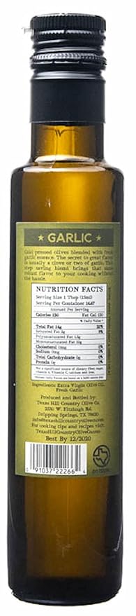 Texas Hill Country Olive Co Garlic Infused Olive Oil - Cold Pressed Gourmet EVOO Olive Oil - Great for Dressing Dipping Marinade - No Artificial Flavors or Added Sugar - Made in Texas (8.5 oz)