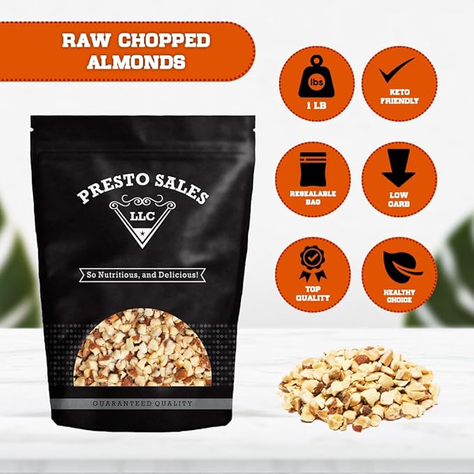 Almonds Fresh and Delicious Small chopped Raw Perfectly Natural Quality Fresh Ideal snack for Adults and Kids packaged in resealable 1 lb. (16 oz.) pouch bag by Presto Sales LLC