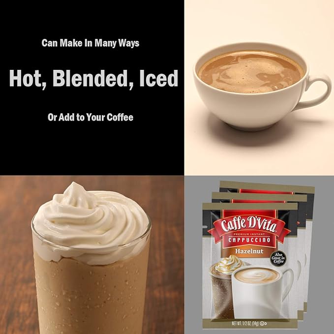 Caffe D'Vita Hazelnut Cappuccino Mix - Instant Coffee Mix No Cholesterol &amp Trans Fat 99% Caffeine Free Gluten Free - Envelopes 0.5 Oz (Pack of 48)