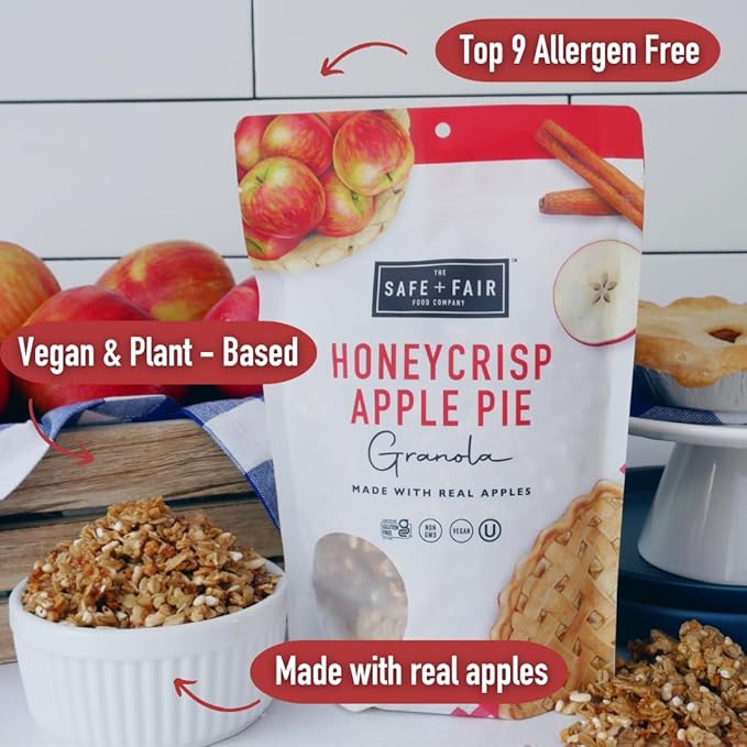 Safe + Fair Honeycrisp Apple Pie Granola – Gluten-Free Vegan &amp Plant-Based Snack with Real Honeycrisp Apples Whole Grains Non-GMO Kosher No Preservatives - 12oz 6 Pack