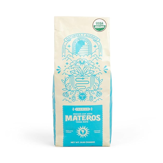 Materos Premium Loose Leaf Yerba Mate Tea - Organic Unsmoked Smooth Traditional Taste from South Brazil - Medium Cut Ideal Hot Drink for Cold Weather Pure Natural Energy &amp Focus - 2 LBs
