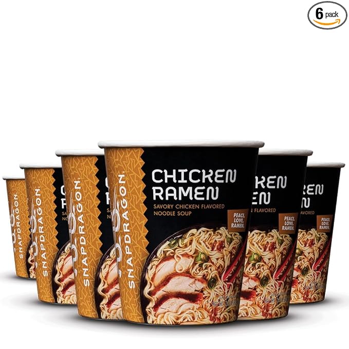 Snapdragon Chicken Ramen Cup Noodles - 6 Pack Instant Ramen Bowl with Authentic Wheat Noodles Soup Flavor Sauce Vege Pack and Garlic Flavoring Oil. Microwave or Hot Water Easy Meal Prep