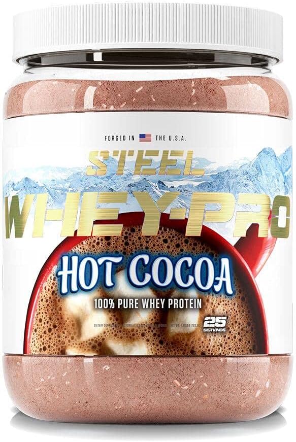 Steel Supplements Whey-Pro | 100% Pure Whey Protein Powder for Men and Women | Hot Cocoa | Muscle Gain &amp Lean Muscle Recovery | Gluten Free | 1.69 lbs | BCAA 5g | Non-GMO | 25 Servings