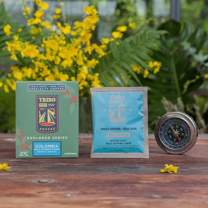 Tribo Coffee Single-Serve Portable Pour Over Drip Coffee - Colombia - 5 Servings Per Box (Medium Roast)