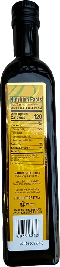 Trader Joe's 100% Italian Organic Extra Virgin Olive Oil Cold Pressed 16.9 Fl Oz (Pack of 1)