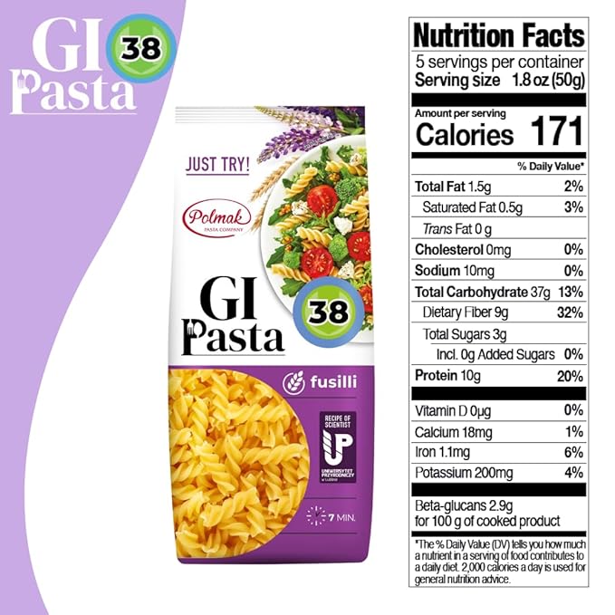 GI Pasta Fusilli 14-Pack (123.2 oz Total) | Low Glycemic Fine-Cut Italian Dry Pasta Perfect for Soups Broths and Light Dishes