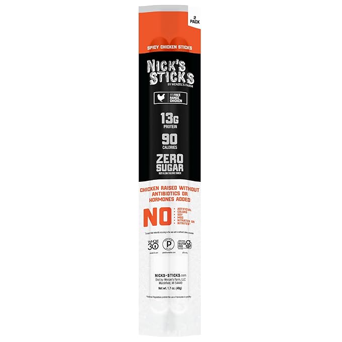 Nick's Sticks Spicy Free Range Clean &amp Balanced Chicken Snack Sticks | Made in the USA | Gluten Free | Paleo Keto Whole 30 Approved | No Soy Antibiotics or Hormones (25-1.7 oz. Packages of 2 st