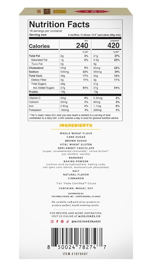 Miss Jones Protein Chocolate Chunk Banana ~ 3-14 OUNCE BAGS ~ Bread Muffin and Pancake Mix