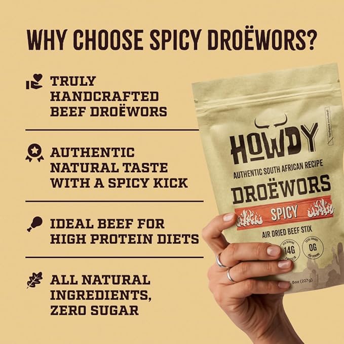 Howdysnax Spicy Droëwors – Authentic South African Air-Dried Beef Sticks Small-Batch Crafted High-Protein Snack Keto &amp Paleo Friendly No Added Sugar - 8 Ounce (Pack of 2)