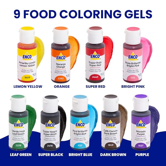 ENCO 9 Basic Food Coloring Gel Set 1.41 oz each (40 g) Concentrated Vegan Includes Color Mixing Guide